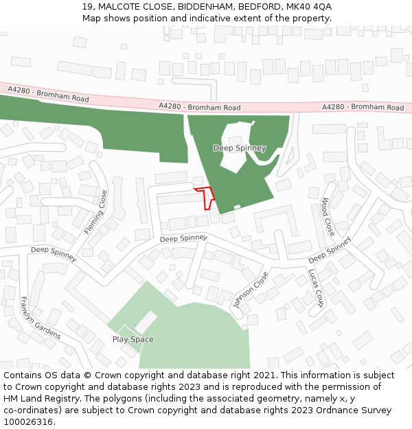 19, MALCOTE CLOSE, BIDDENHAM, BEDFORD, MK40 4QA: Location map and indicative extent of plot