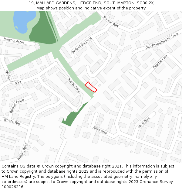 19, MALLARD GARDENS, HEDGE END, SOUTHAMPTON, SO30 2XJ: Location map and indicative extent of plot