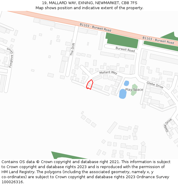 19, MALLARD WAY, EXNING, NEWMARKET, CB8 7FS: Location map and indicative extent of plot