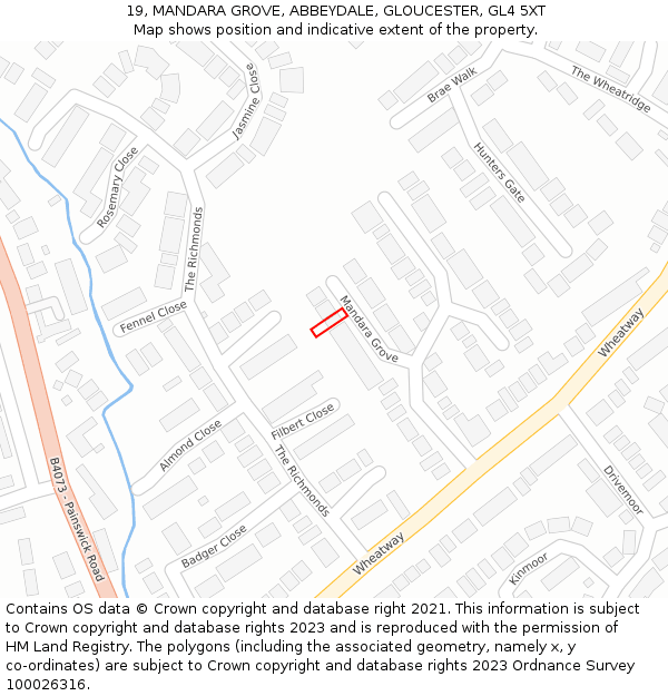 19, MANDARA GROVE, ABBEYDALE, GLOUCESTER, GL4 5XT: Location map and indicative extent of plot
