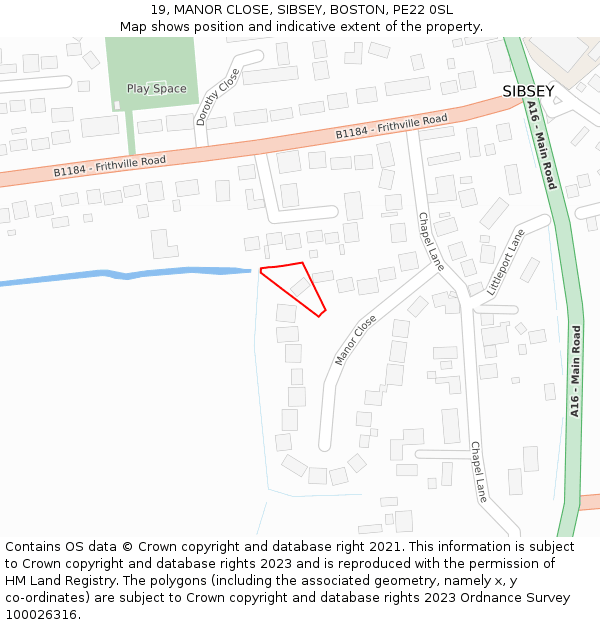 19, MANOR CLOSE, SIBSEY, BOSTON, PE22 0SL: Location map and indicative extent of plot