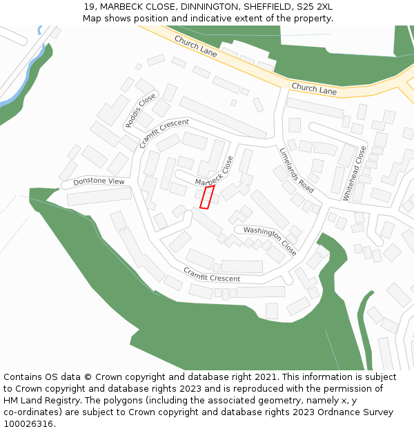 19, MARBECK CLOSE, DINNINGTON, SHEFFIELD, S25 2XL: Location map and indicative extent of plot