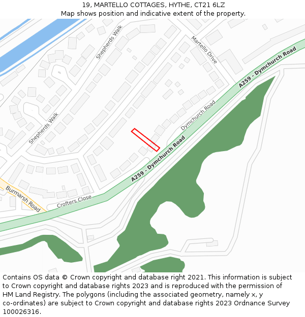 19, MARTELLO COTTAGES, HYTHE, CT21 6LZ: Location map and indicative extent of plot