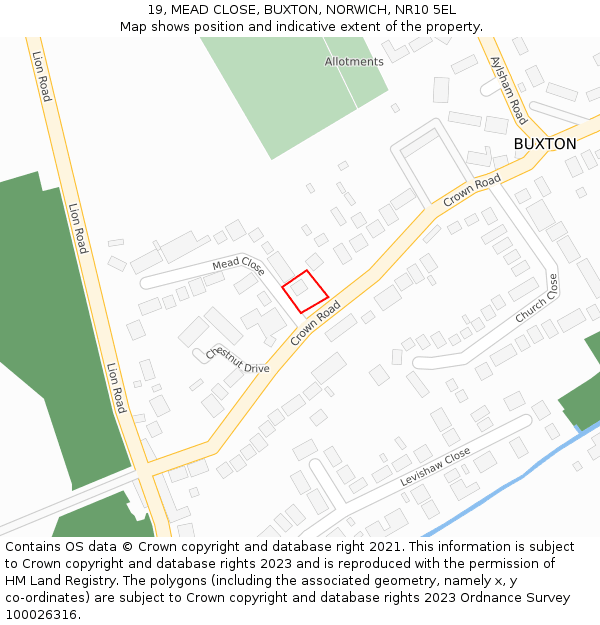 19, MEAD CLOSE, BUXTON, NORWICH, NR10 5EL: Location map and indicative extent of plot