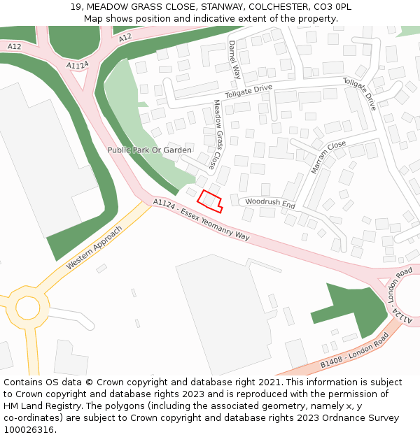 19, MEADOW GRASS CLOSE, STANWAY, COLCHESTER, CO3 0PL: Location map and indicative extent of plot