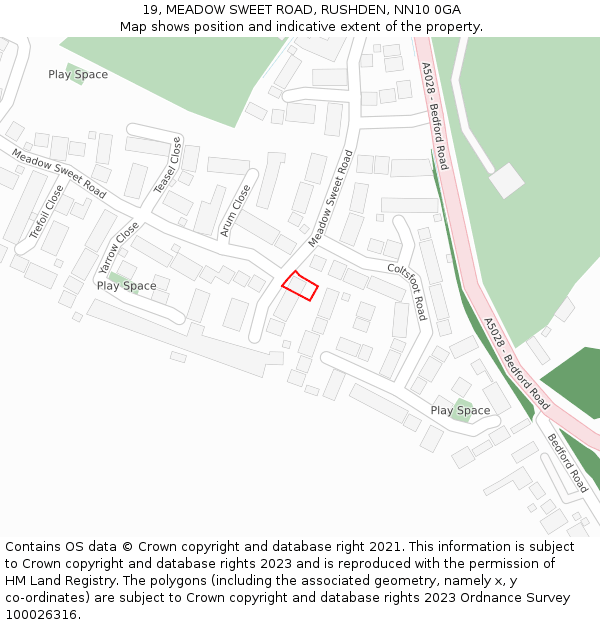 19, MEADOW SWEET ROAD, RUSHDEN, NN10 0GA: Location map and indicative extent of plot