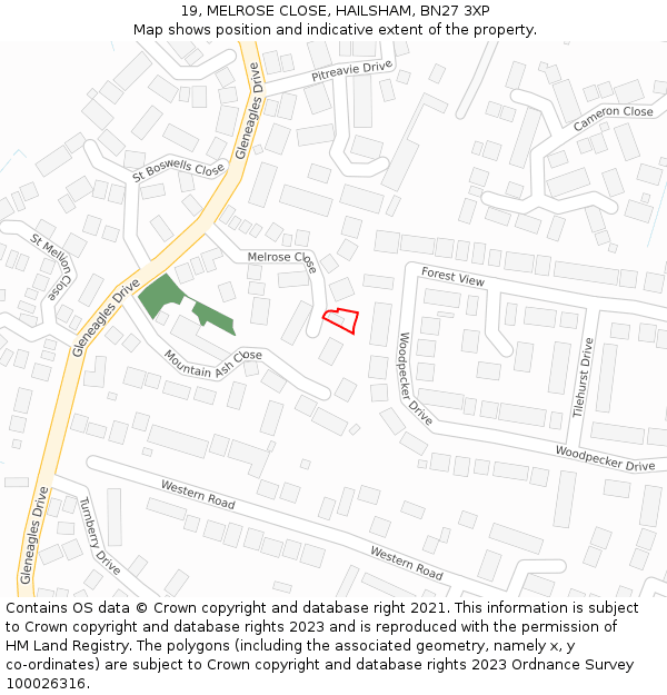 19, MELROSE CLOSE, HAILSHAM, BN27 3XP: Location map and indicative extent of plot