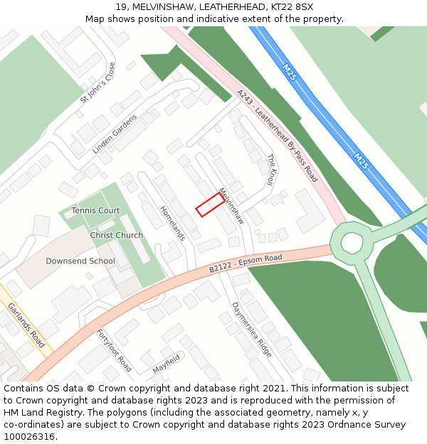19, MELVINSHAW, LEATHERHEAD, KT22 8SX: Location map and indicative extent of plot