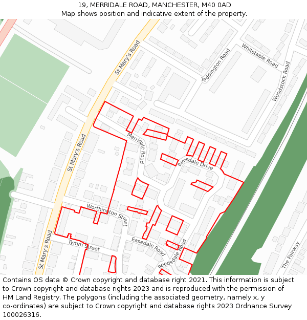 19, MERRIDALE ROAD, MANCHESTER, M40 0AD: Location map and indicative extent of plot