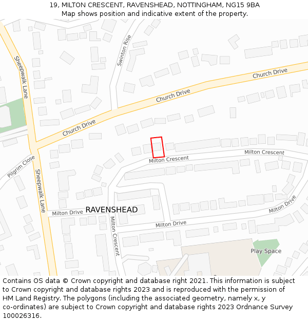 19, MILTON CRESCENT, RAVENSHEAD, NOTTINGHAM, NG15 9BA: Location map and indicative extent of plot