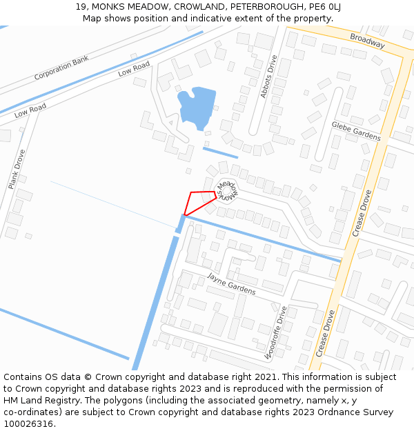 19, MONKS MEADOW, CROWLAND, PETERBOROUGH, PE6 0LJ: Location map and indicative extent of plot
