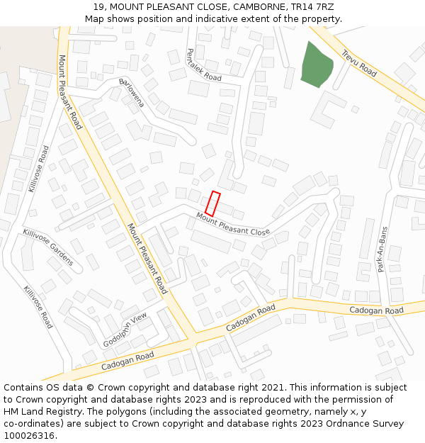 19, MOUNT PLEASANT CLOSE, CAMBORNE, TR14 7RZ: Location map and indicative extent of plot