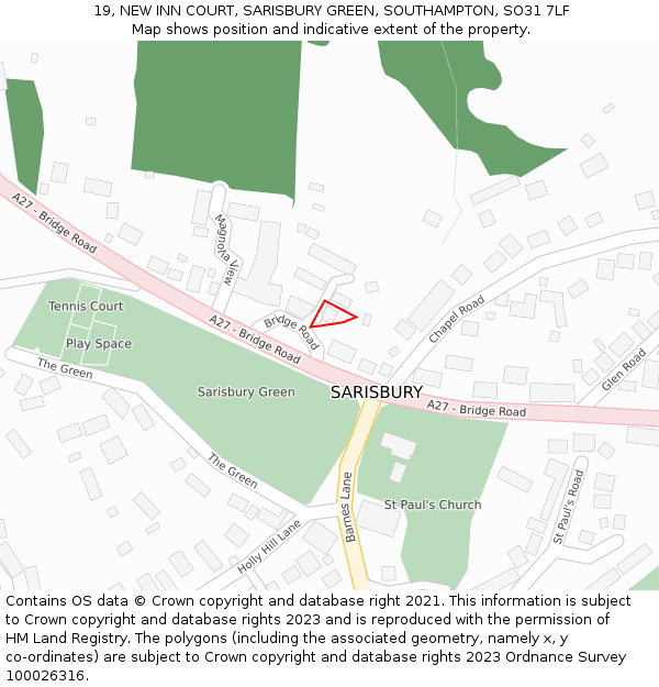 19, NEW INN COURT, SARISBURY GREEN, SOUTHAMPTON, SO31 7LF: Location map and indicative extent of plot