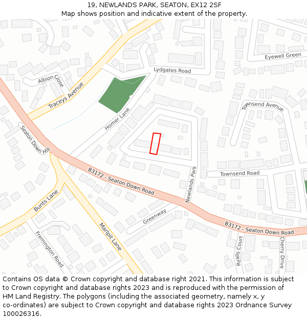 19, NEWLANDS PARK, SEATON, EX12 2SF: Location map and indicative extent of plot