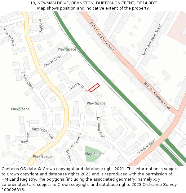 19, NEWMAN DRIVE, BRANSTON, BURTON-ON-TRENT, DE14 3DZ: Location map and indicative extent of plot