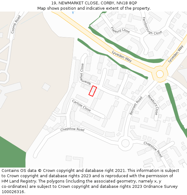 19, NEWMARKET CLOSE, CORBY, NN18 8QP: Location map and indicative extent of plot