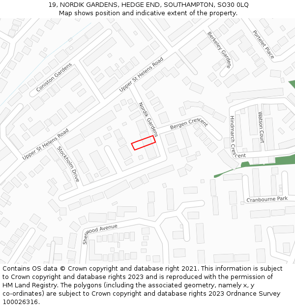 19, NORDIK GARDENS, HEDGE END, SOUTHAMPTON, SO30 0LQ: Location map and indicative extent of plot