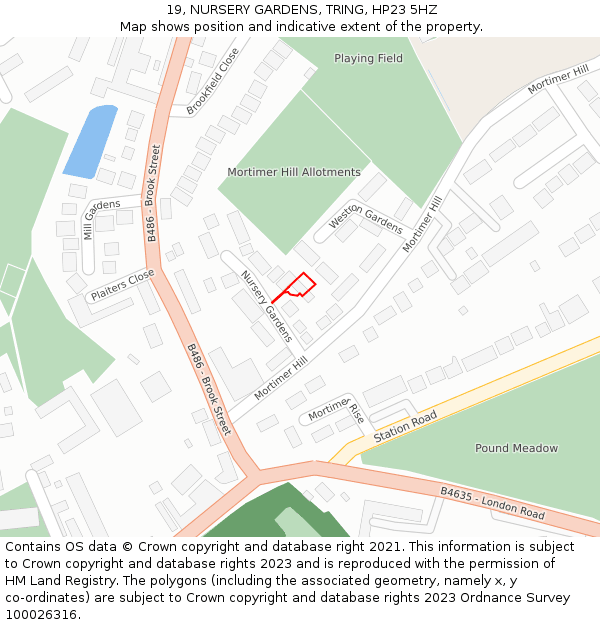 19, NURSERY GARDENS, TRING, HP23 5HZ: Location map and indicative extent of plot