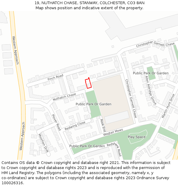 19, NUTHATCH CHASE, STANWAY, COLCHESTER, CO3 8AN: Location map and indicative extent of plot
