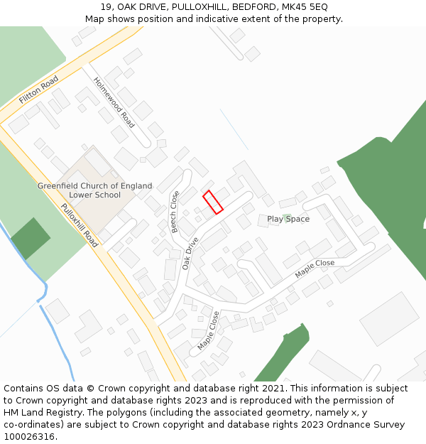19, OAK DRIVE, PULLOXHILL, BEDFORD, MK45 5EQ: Location map and indicative extent of plot