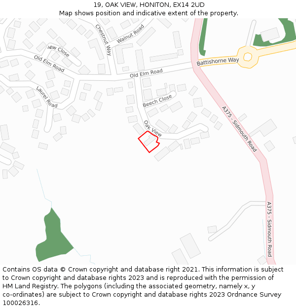 19, OAK VIEW, HONITON, EX14 2UD: Location map and indicative extent of plot