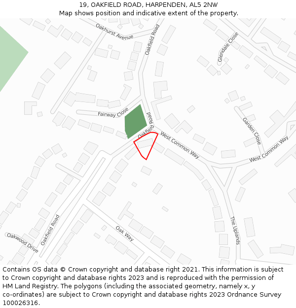 19, OAKFIELD ROAD, HARPENDEN, AL5 2NW: Location map and indicative extent of plot