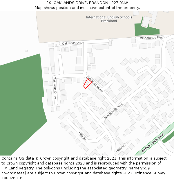 19, OAKLANDS DRIVE, BRANDON, IP27 0NW: Location map and indicative extent of plot