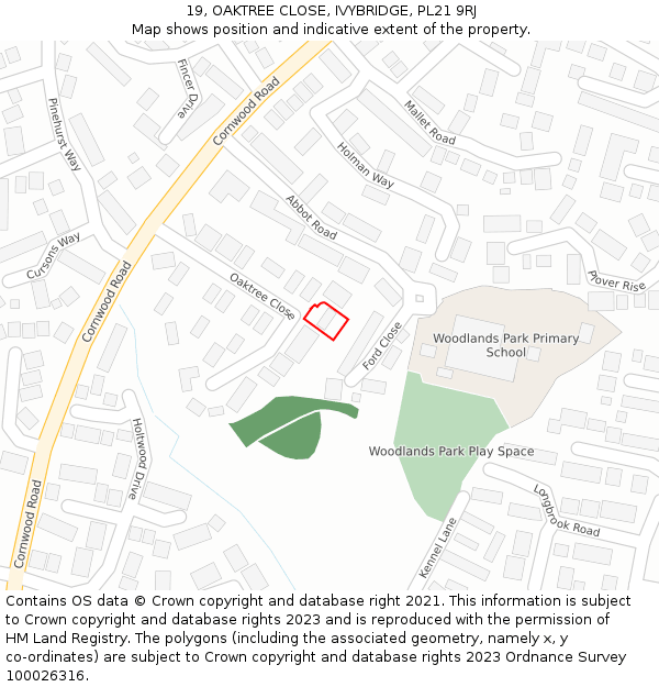 19, OAKTREE CLOSE, IVYBRIDGE, PL21 9RJ: Location map and indicative extent of plot