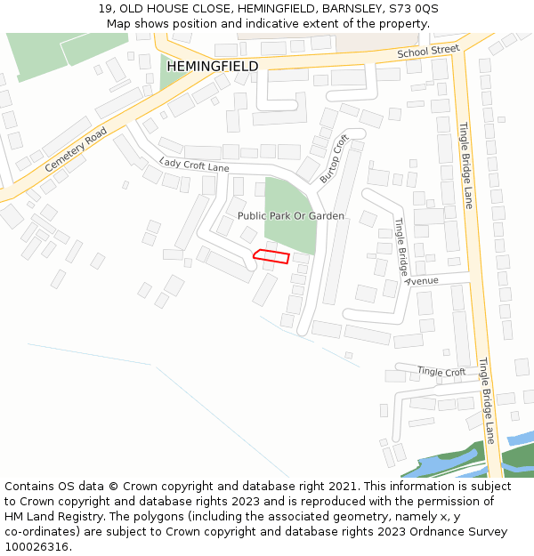 19, OLD HOUSE CLOSE, HEMINGFIELD, BARNSLEY, S73 0QS: Location map and indicative extent of plot