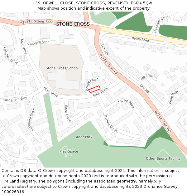 19, ORWELL CLOSE, STONE CROSS, PEVENSEY, BN24 5QW: Location map and indicative extent of plot