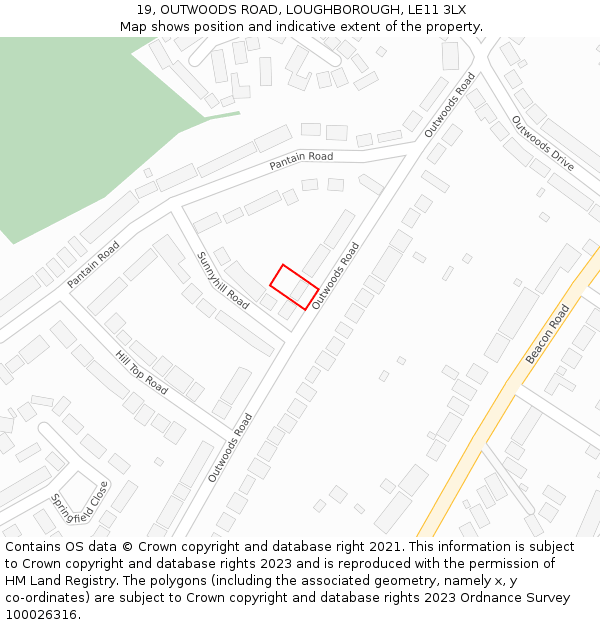 19, OUTWOODS ROAD, LOUGHBOROUGH, LE11 3LX: Location map and indicative extent of plot