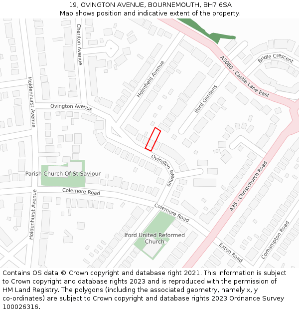 19, OVINGTON AVENUE, BOURNEMOUTH, BH7 6SA: Location map and indicative extent of plot