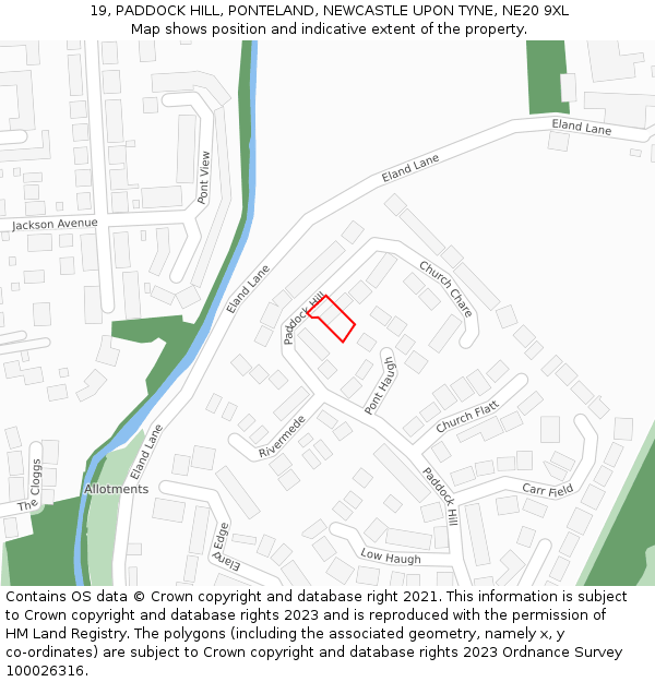 19, PADDOCK HILL, PONTELAND, NEWCASTLE UPON TYNE, NE20 9XL: Location map and indicative extent of plot