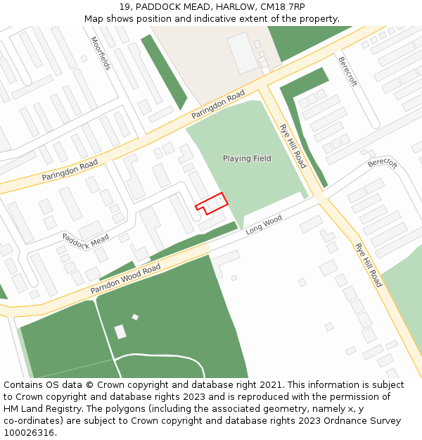 19, PADDOCK MEAD, HARLOW, CM18 7RP: Location map and indicative extent of plot