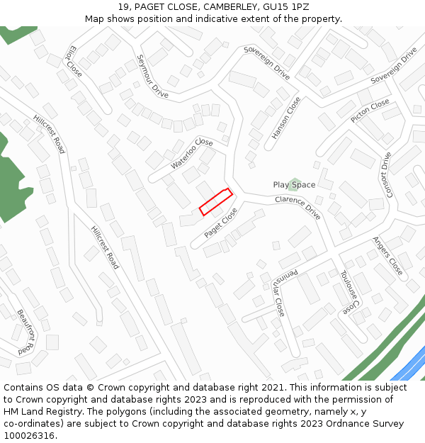 19, PAGET CLOSE, CAMBERLEY, GU15 1PZ: Location map and indicative extent of plot