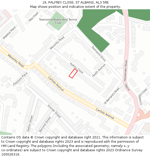 19, PALFREY CLOSE, ST ALBANS, AL3 5RE: Location map and indicative extent of plot