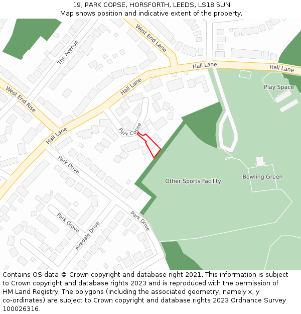 19, PARK COPSE, HORSFORTH, LEEDS, LS18 5UN: Location map and indicative extent of plot