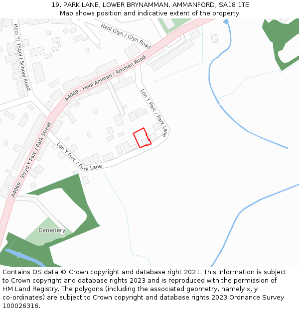 19, PARK LANE, LOWER BRYNAMMAN, AMMANFORD, SA18 1TE: Location map and indicative extent of plot