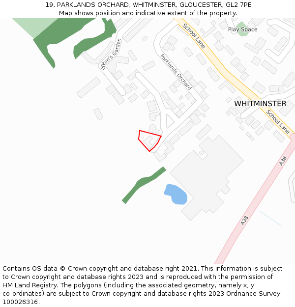19, PARKLANDS ORCHARD, WHITMINSTER, GLOUCESTER, GL2 7PE: Location map and indicative extent of plot