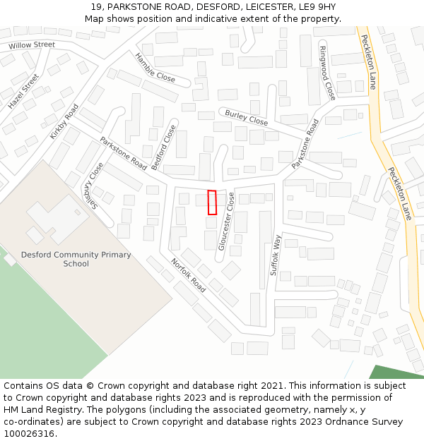 19, PARKSTONE ROAD, DESFORD, LEICESTER, LE9 9HY: Location map and indicative extent of plot