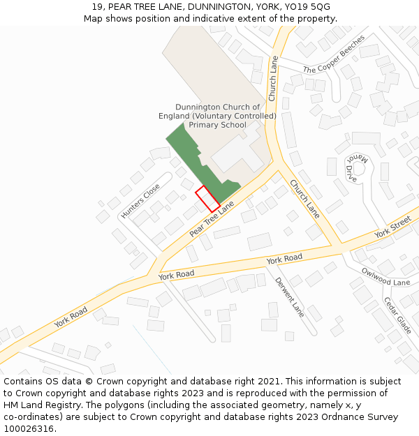 19, PEAR TREE LANE, DUNNINGTON, YORK, YO19 5QG: Location map and indicative extent of plot