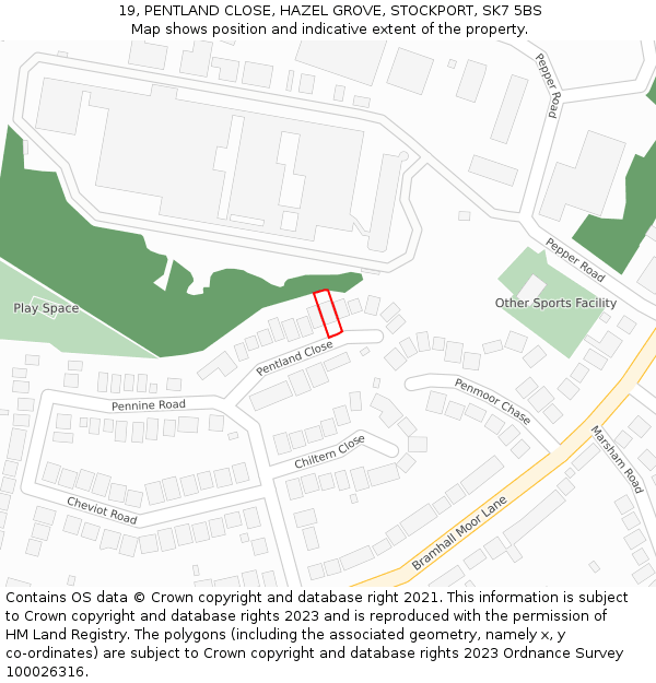 19, PENTLAND CLOSE, HAZEL GROVE, STOCKPORT, SK7 5BS: Location map and indicative extent of plot
