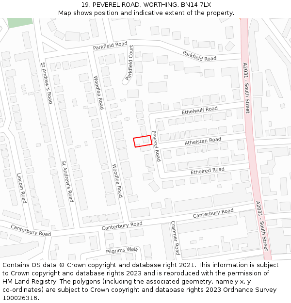 19, PEVEREL ROAD, WORTHING, BN14 7LX: Location map and indicative extent of plot
