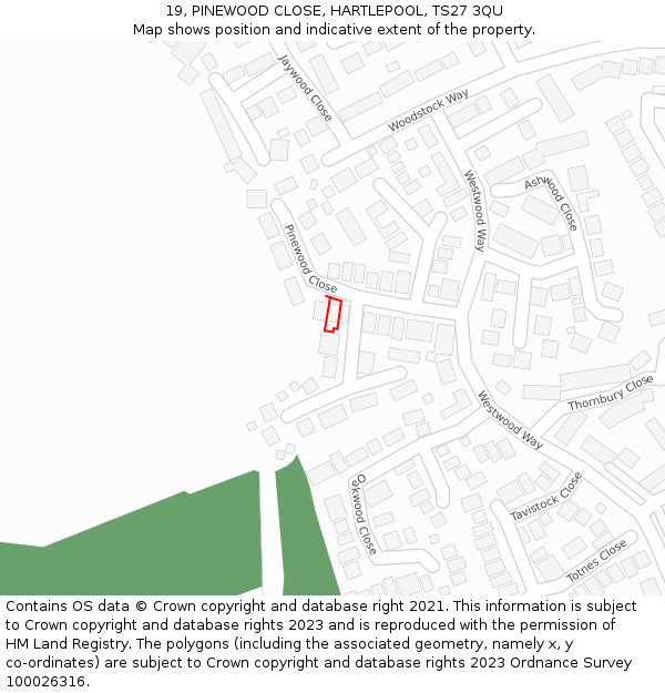 19, PINEWOOD CLOSE, HARTLEPOOL, TS27 3QU: Location map and indicative extent of plot