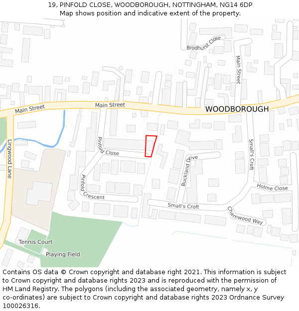 19, PINFOLD CLOSE, WOODBOROUGH, NOTTINGHAM, NG14 6DP: Location map and indicative extent of plot