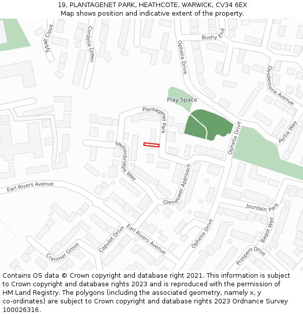 19, PLANTAGENET PARK, HEATHCOTE, WARWICK, CV34 6EX: Location map and indicative extent of plot