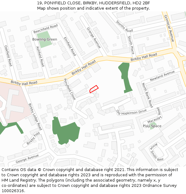 19, PONYFIELD CLOSE, BIRKBY, HUDDERSFIELD, HD2 2BF: Location map and indicative extent of plot