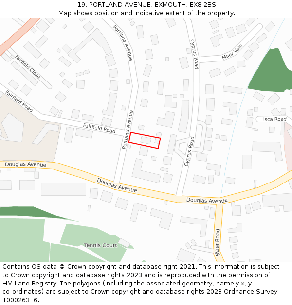 19, PORTLAND AVENUE, EXMOUTH, EX8 2BS: Location map and indicative extent of plot