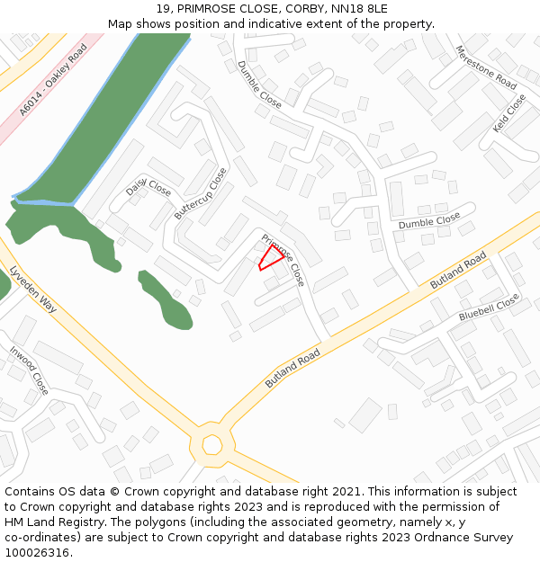 19, PRIMROSE CLOSE, CORBY, NN18 8LE: Location map and indicative extent of plot