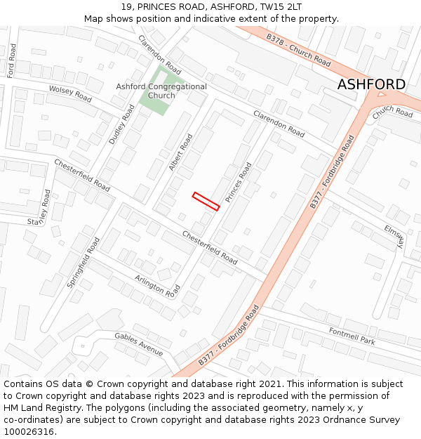 19, PRINCES ROAD, ASHFORD, TW15 2LT: Location map and indicative extent of plot